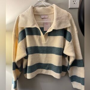 Cream and Green Striped V-Neck Sweater